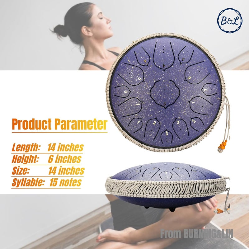 BURNING&LIN Steel Tongue Drum 14 Inches 15 Notes Hand Pan Drum Rain Drum Percussion for Meditation Yoga Musical Education for Adult& Kids(Lotus Purple) - Image 2